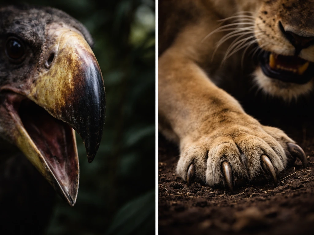 Close-up split-style scene showing a hooked terror-bird beak versus a lion’s retractable claws and forelimb bite grip.