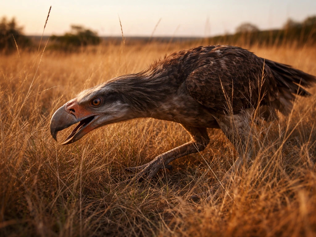 A concealed terror bird about to ambush and strike, poised in tall grass at sunset.