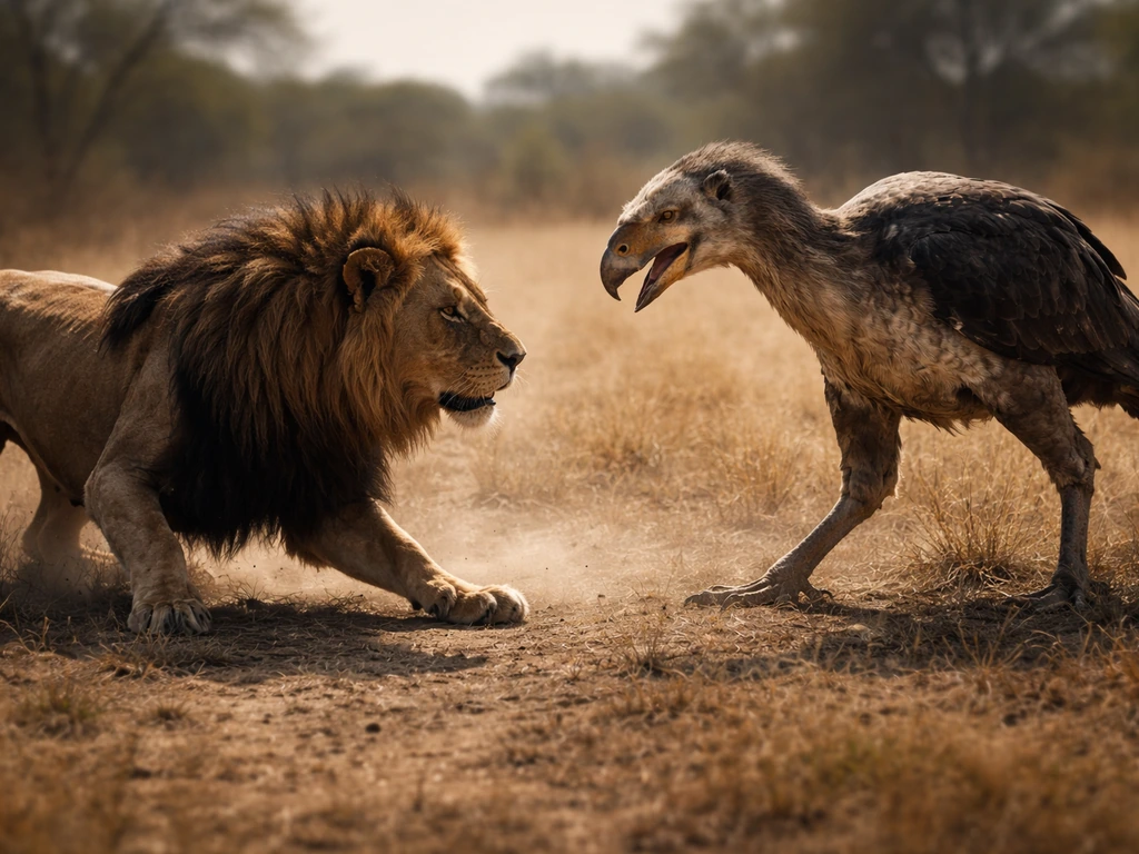 Adult male lion lunging on open savanna facing a large terror bird, showing likely winning caveats via body stance.