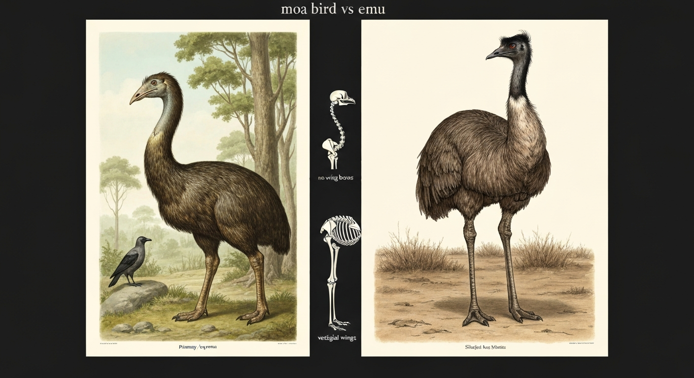 Split-panel scientific illustration comparing a giant moa (no wings) and an emu (with small vestigial wings), with a skeletal inset highlighting absence versus presence of forelimb bones.