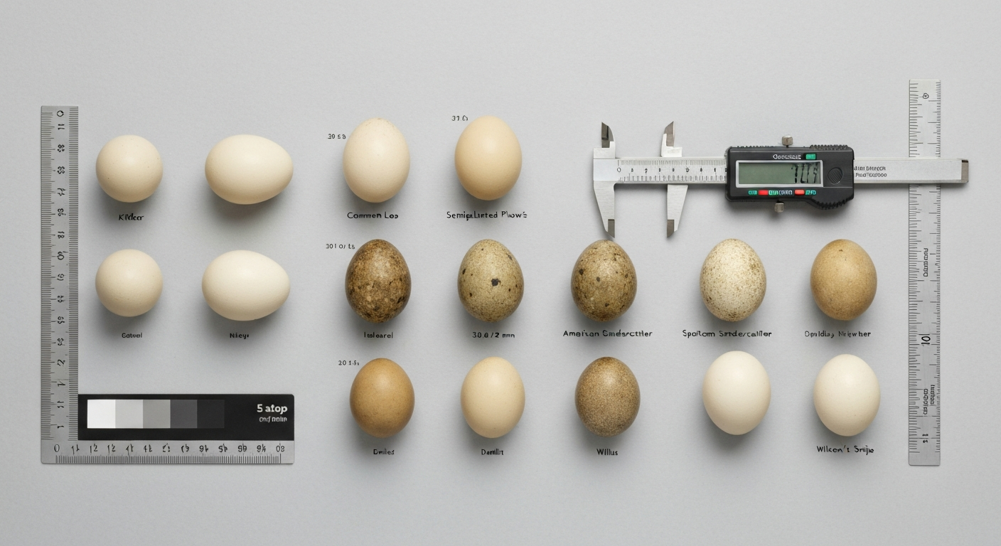 Scientific plate of multiple bird eggs (Killdeer, Common Loon, Semipalmated Plover, American Oystercatcher, Spotted Sandpiper, Dunlin, Willet, Wilson's Snipe) showing lateral and dorsal views, a digital caliper measuring an egg, a scale ruler, and a color calibration card; each egg labeled with species name and measurements.
