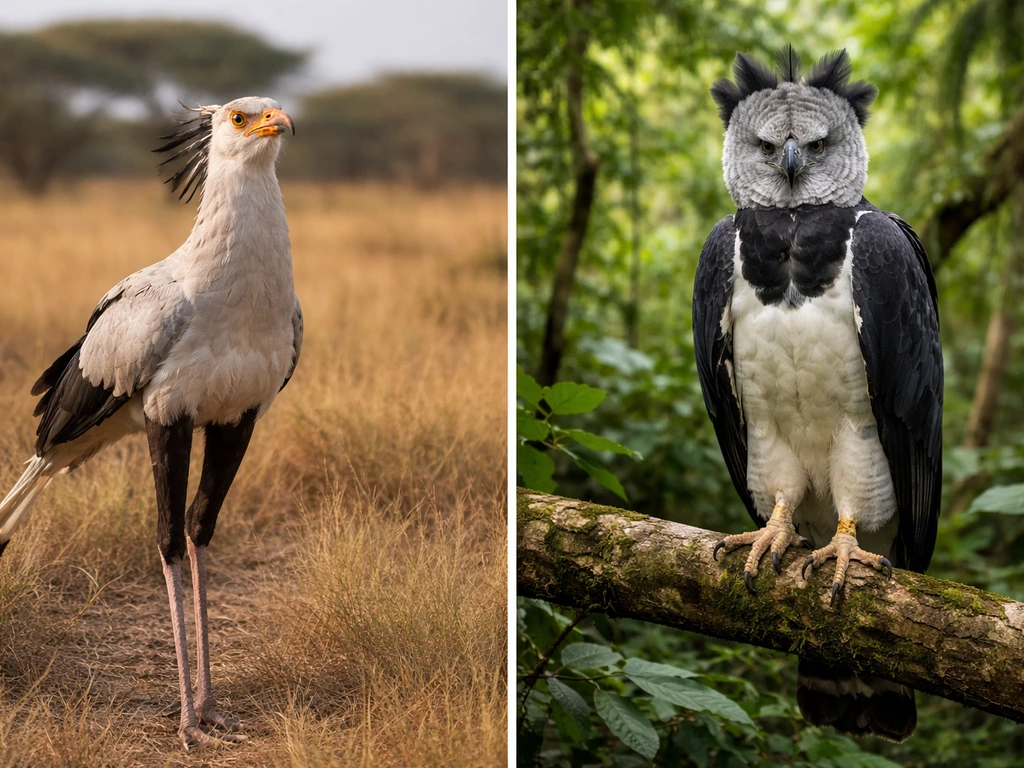 Split scene of a secretary bird on savanna grass and a harpy eagle perched in jungle foliage.