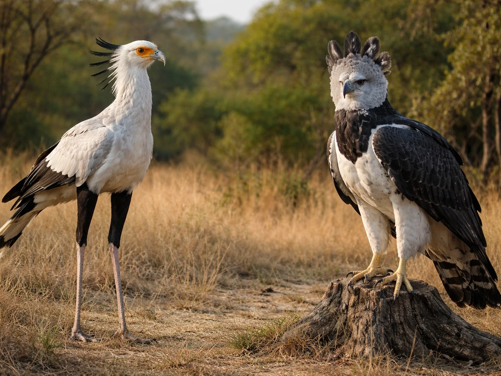 Two birds side-by-side: secretary bird with crane-like legs and eagle head, and harpy eagle with crest and clawed stance