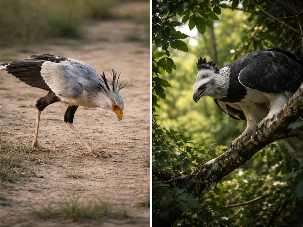 Secretary bird stalking on sandy ground while a harpy eagle waits poised in the forest canopy.