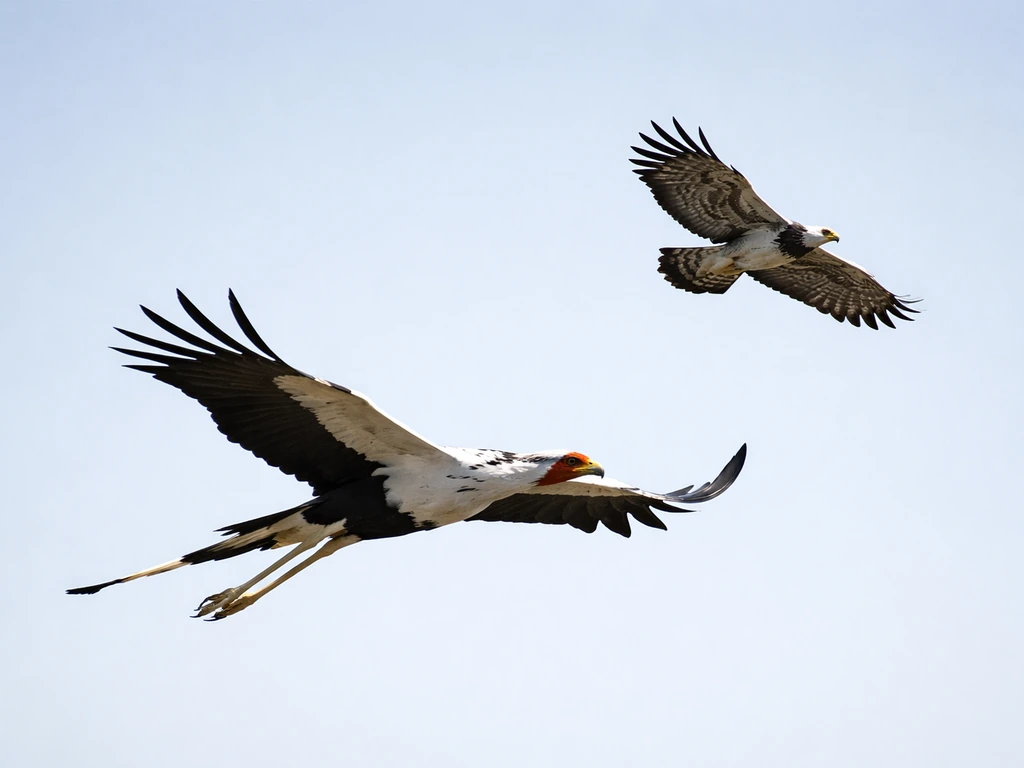 Secretary bird and harpy eagle gliding in clear sky, neck-forward and compact wing posture visible.