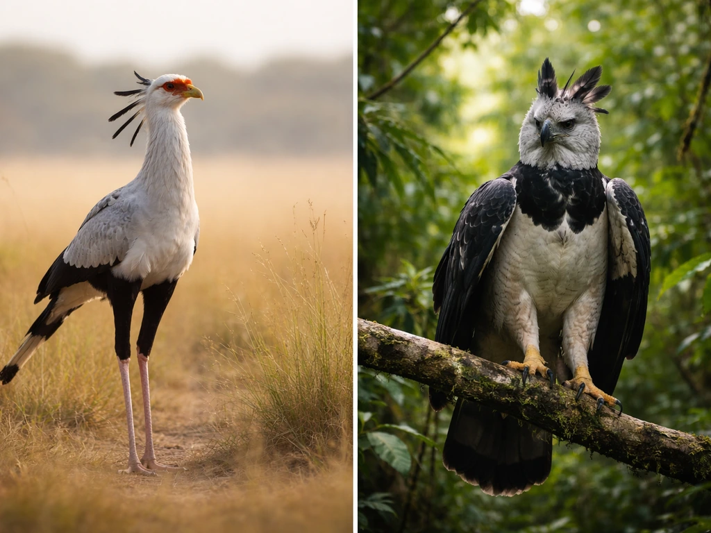 Secretary bird on savanna beside a harpy eagle in rainforest canopy, showcasing two different hunting environments.