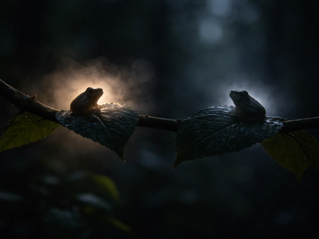 Two tree frog silhouettes on leaves at night, one brighter and airy, the other cooler and dimmer.