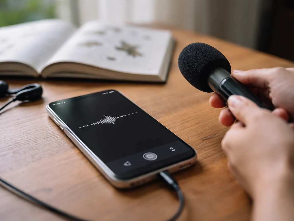 Hands holding a small microphone next to an iPhone showing a simple audio waveform recording view.