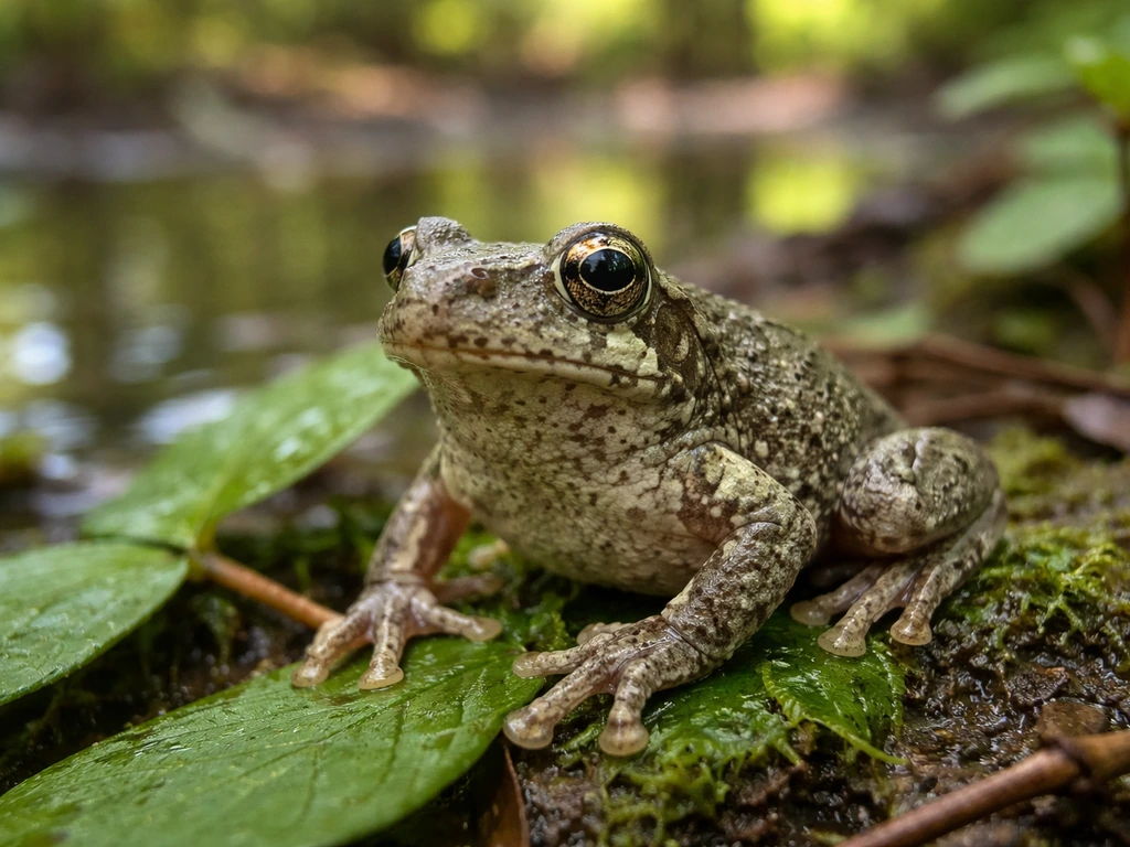 A bird-voiced tree frog on wet vegetation in a wooded wetland, showing subtle throat and belly patterning.