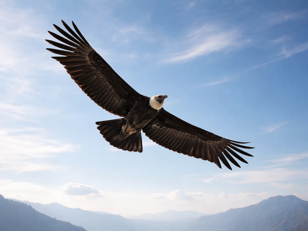 A massive condor-like bird soaring high in the sky above distant mountains, dramatic natural light.