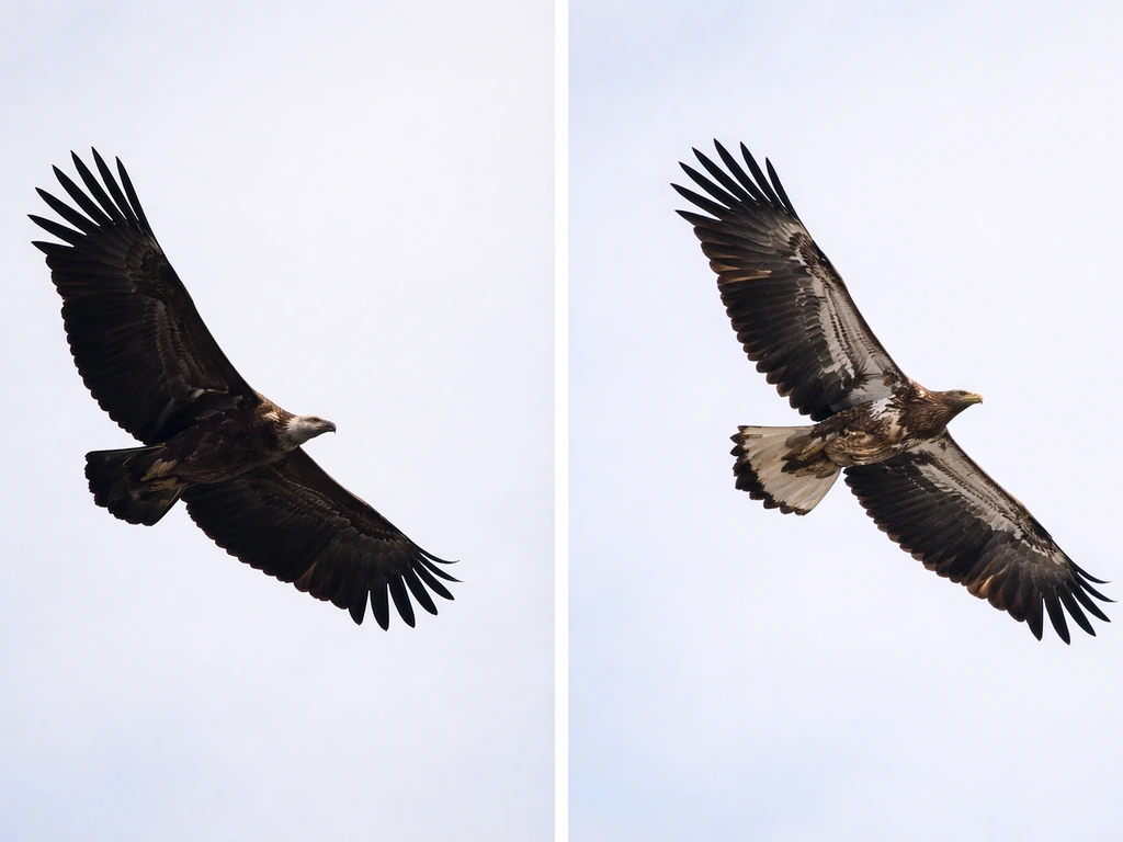 Close-up wing underside field-mark photos of two large raptors in flight, side-by-side comparison.