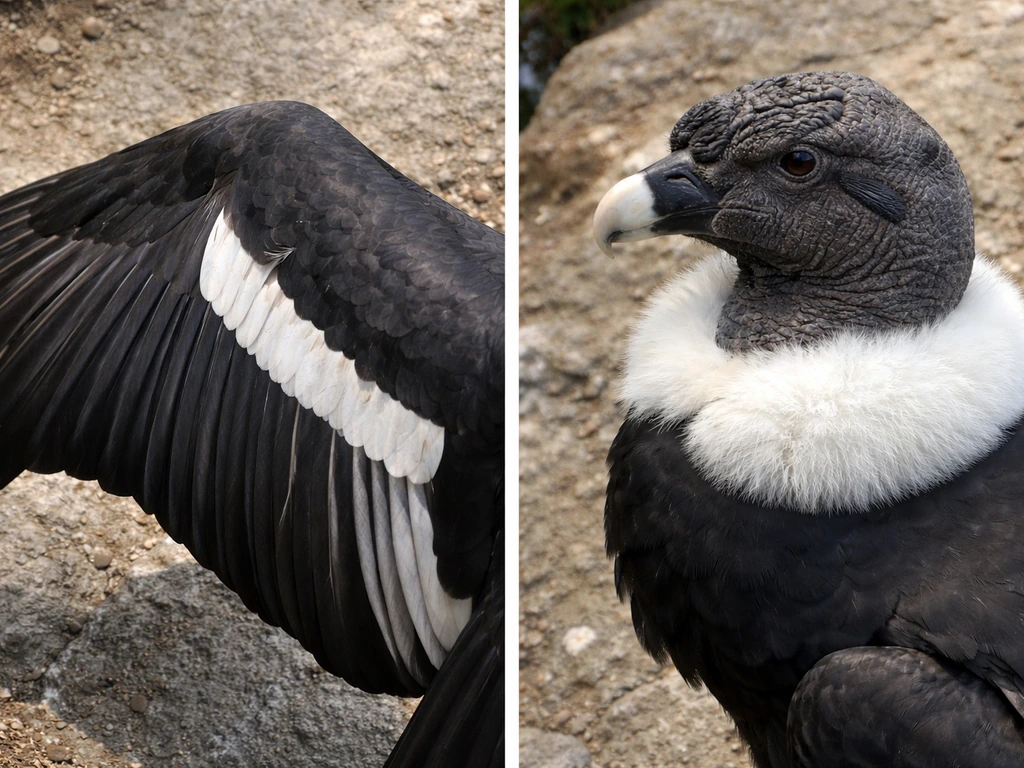 Split close-up showing California Condor wing underside white patches and Andean Condor neck ruff.