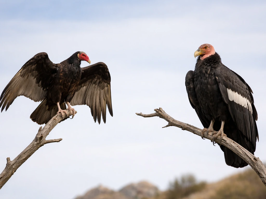 Turkey vulture and condor perched side-by-side, with visible wing posture differences at a distance