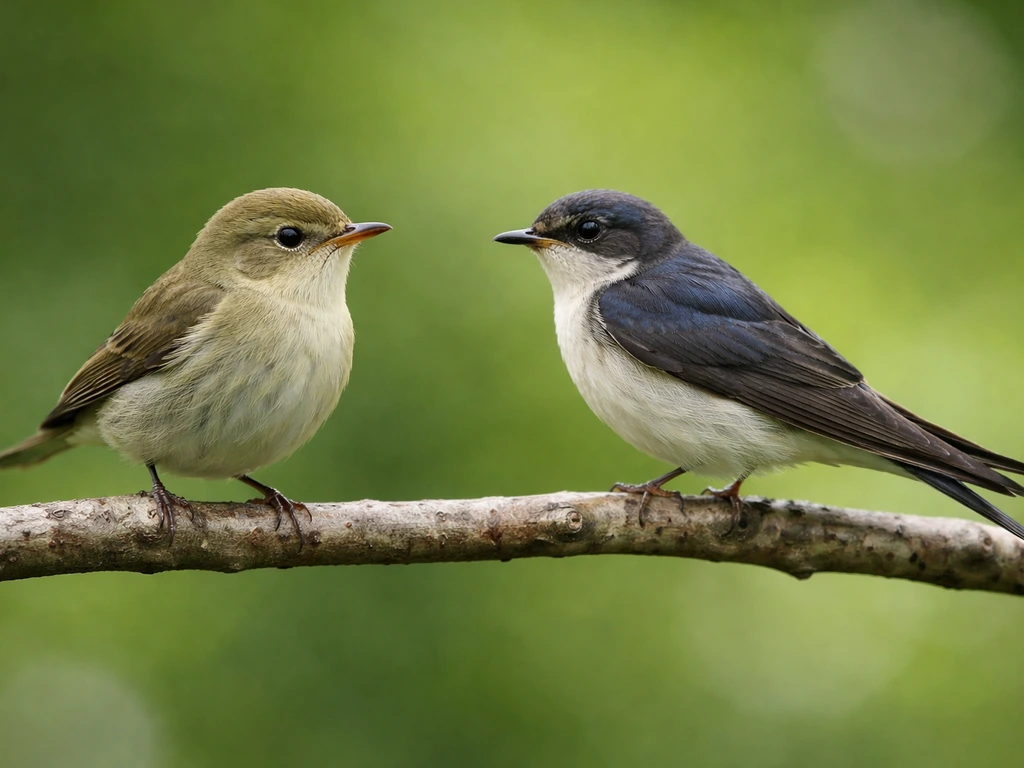 Two small birds on a branch side-by-side, highlighting different bill, wing, and tail posture.