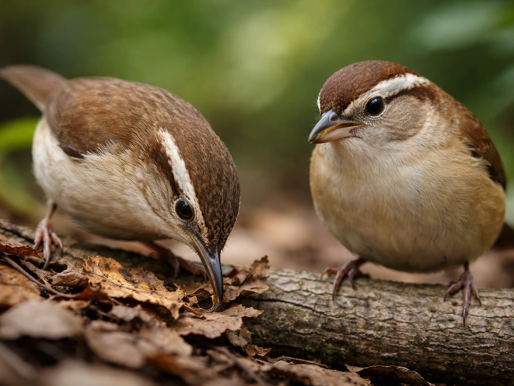 Macro close-up of two small birds showing different bill shapes probing leaf litter and feeding.