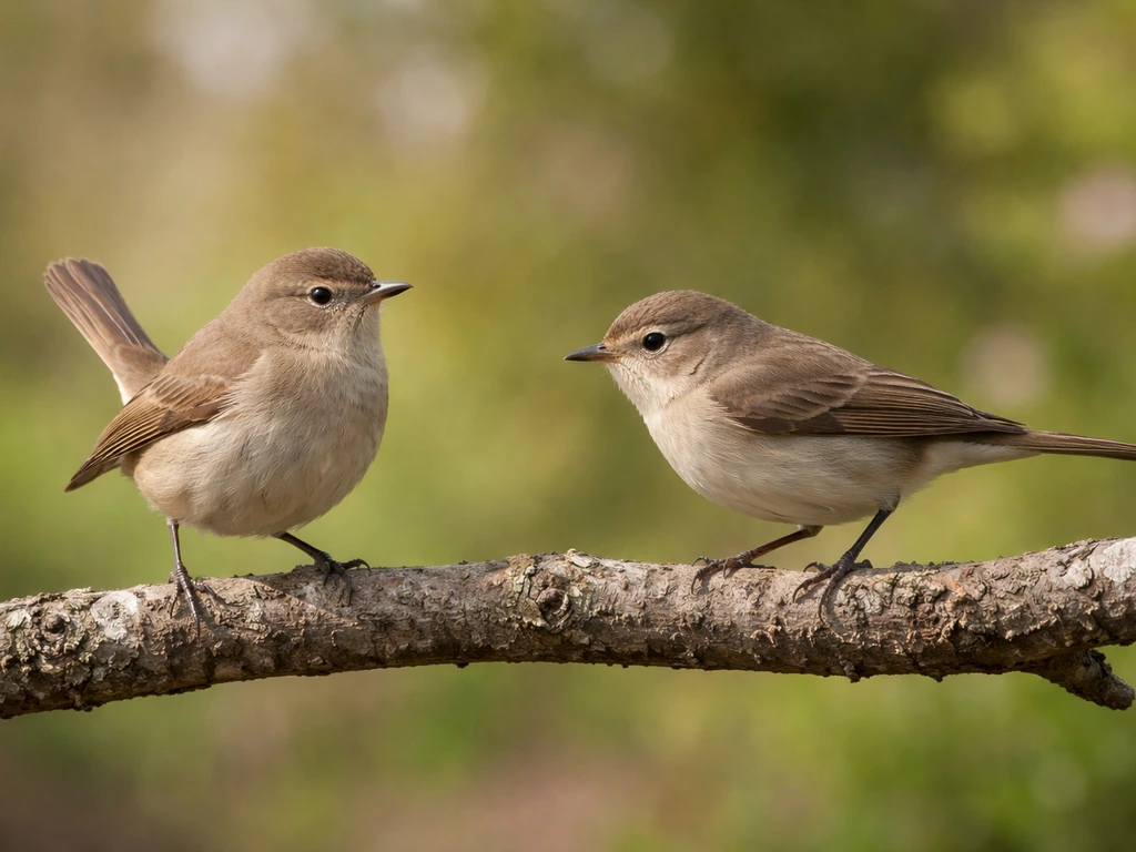 Two side-by-side small perching birds showing upright hunch and tail-cocked posture vs forward streamlined stance.