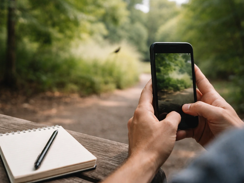 Close-up of a smartphone camera framing a blurred bird silhouette outdoors, with focus on photo notes