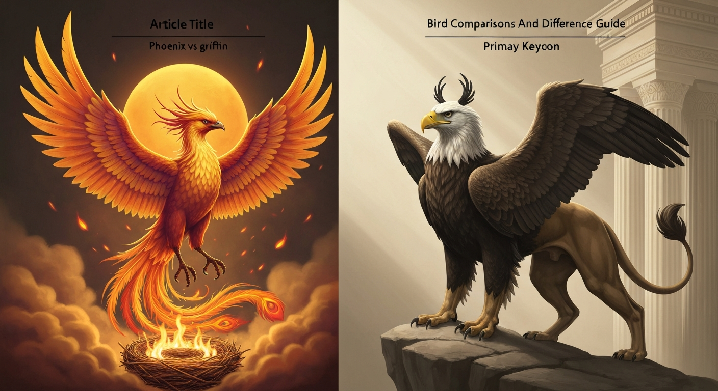 Split editorial illustration: a fiery, fully avian phoenix rising from flames on the left; a four‑legged griffin (eagle head, lion hindquarters) perched on a rock on the right.