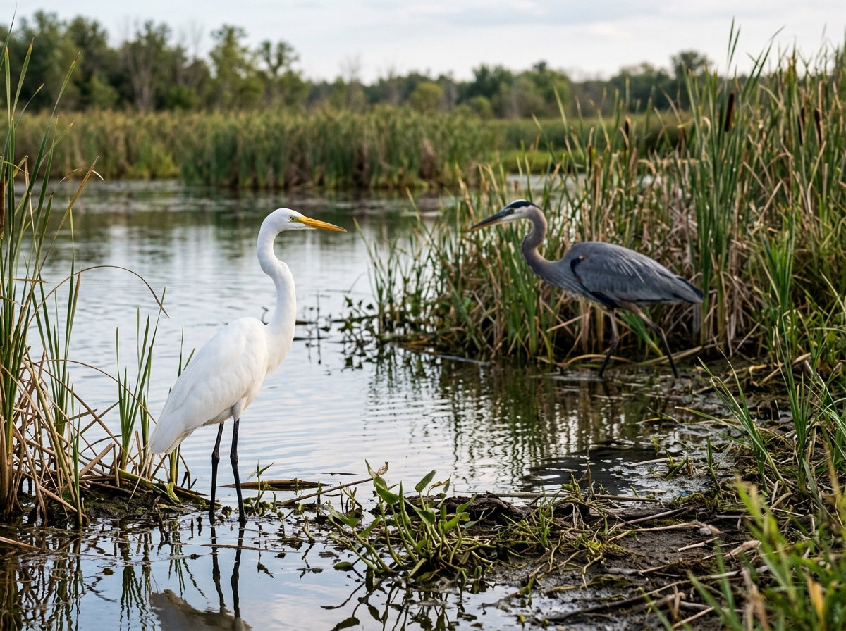 Egret bird vs heron field guide—white egret and blue heron silhouettes at a wetland edge