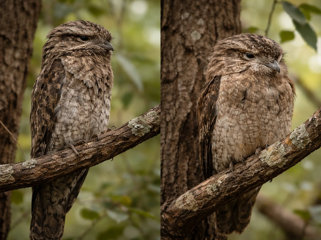 Potoo and tawny frogmouth perched side by side on tree branches in natural camouflage.