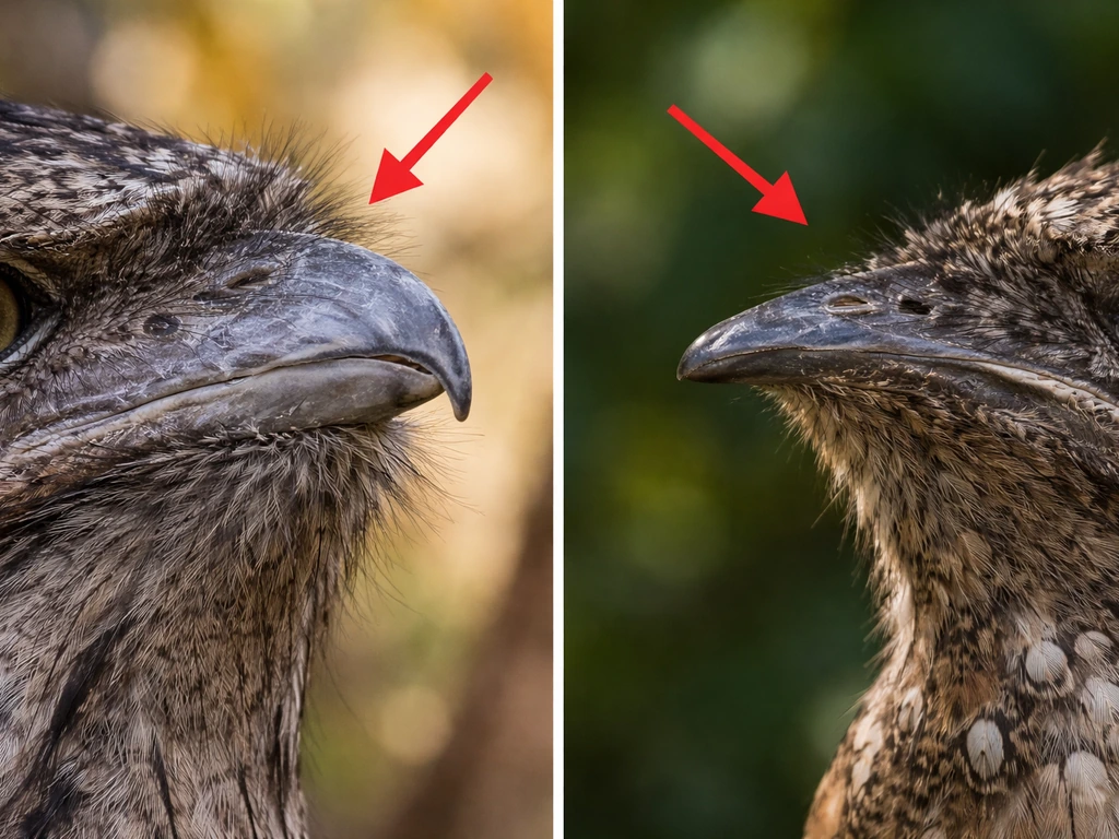 Side-by-side close-ups of tawny frogmouth vs potoo bills, highlighting hooked vs slimmer shapes with arrows.