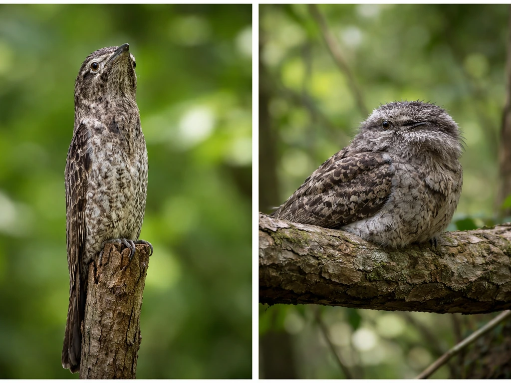 Two roosting birds camouflaged on branches: a potoo on a vertical stub and a tawny frogmouth nearby.