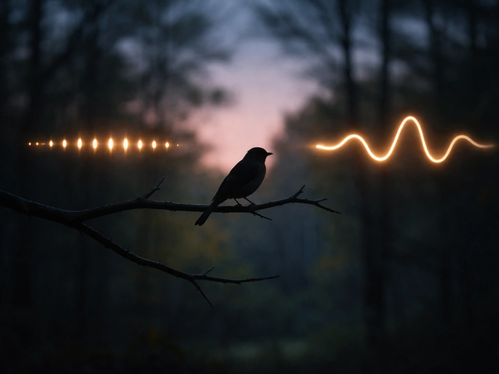 Night forest branch with a bird silhouette and two contrasting abstract sound light cues for calls.