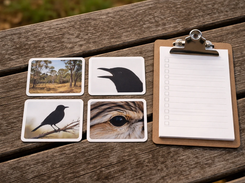 Checklist cards with icon photos of bird traits laid out on a wooden table outdoors.