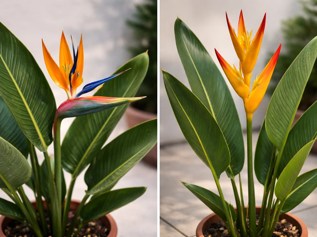 Juxtaposed close-ups of crane flower and bird of paradise blooms with contrasting leaves