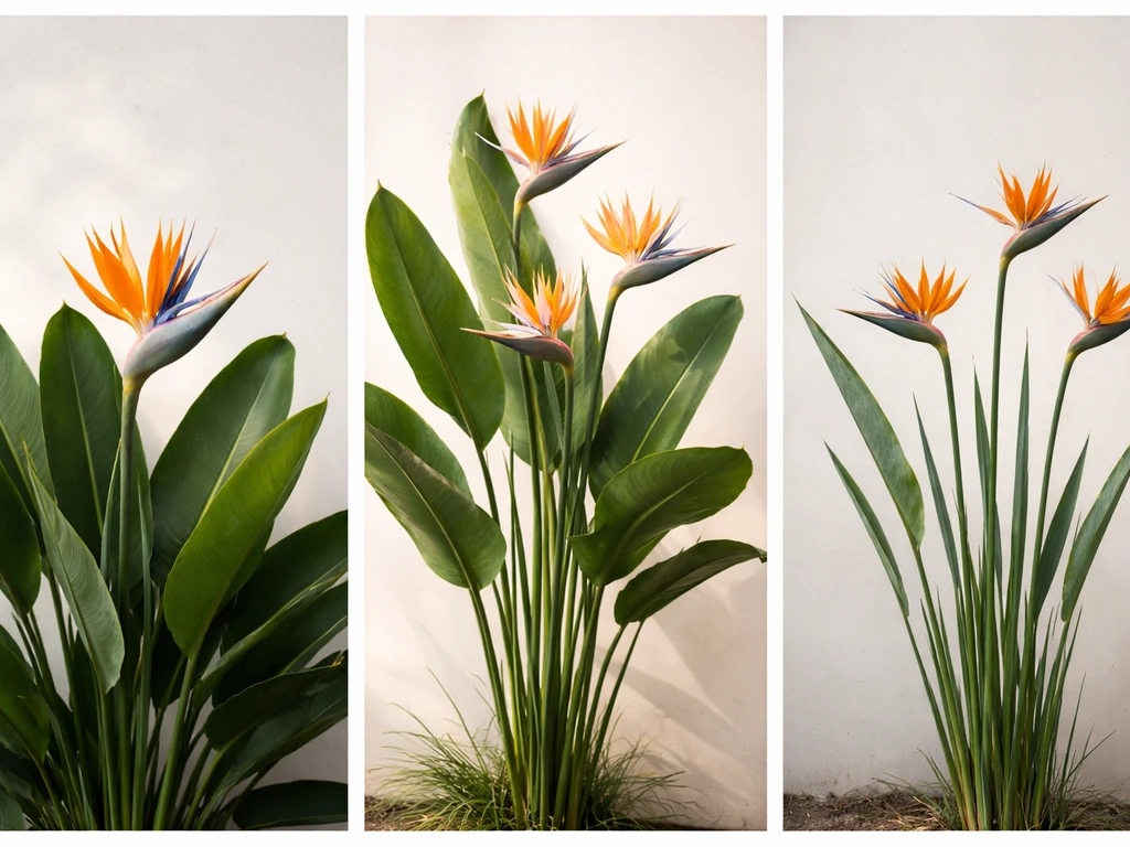 A simple set of three close-up plant scenes showing different “bird of paradise” bloom shapes and leaves.