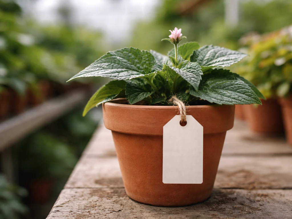Close-up of a nursery plant pot with an attached botanical label and sharply focused leaves and bloom.