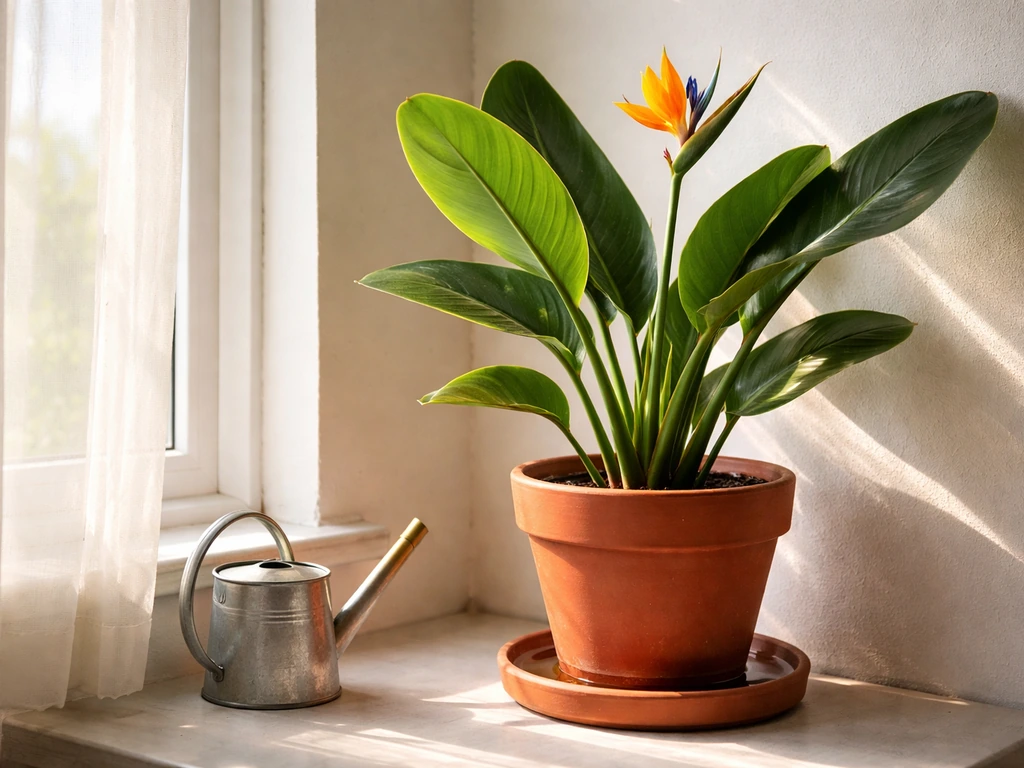 Strelitzia reginae in a bright windowsill with watering and drainage setup in view