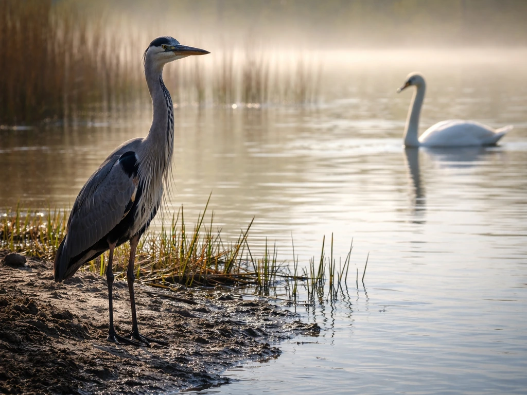 A crane on a wetland edge and a swan on open water, captured in dramatic high-contrast stances.