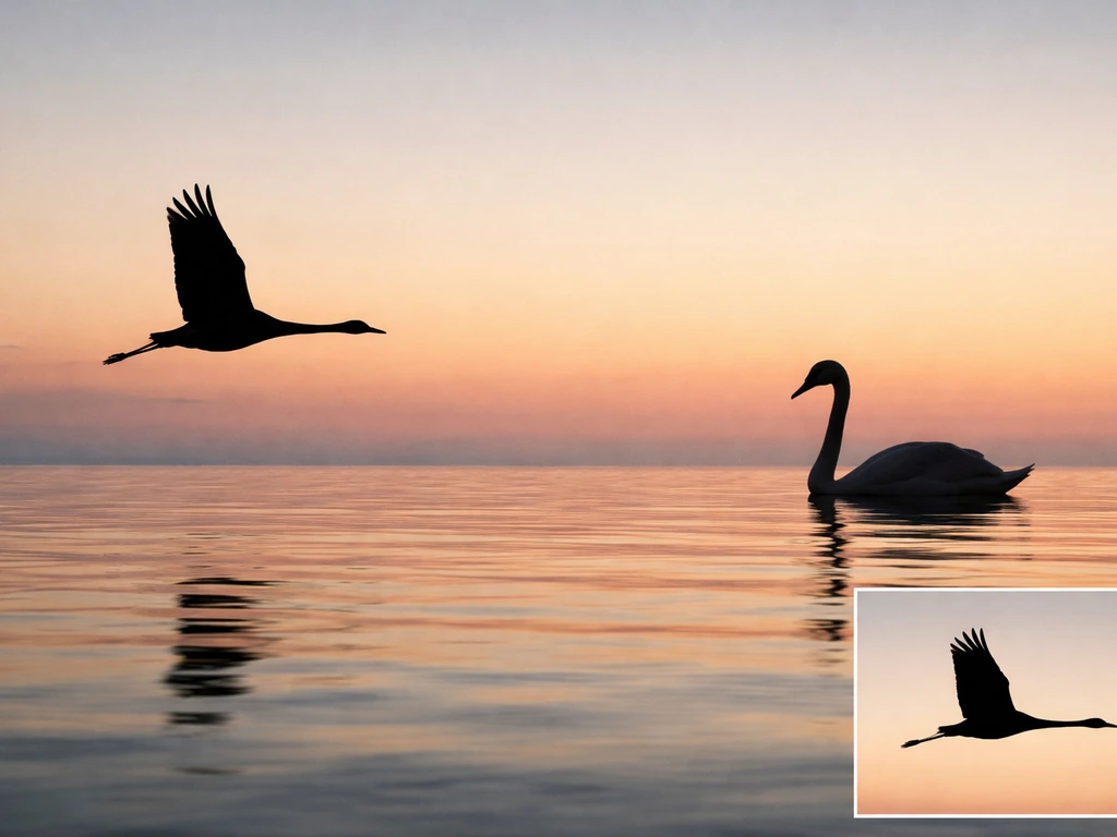Side-by-side silhouettes of an in-flight crane and a swan on water, plus a small in-flight inset.