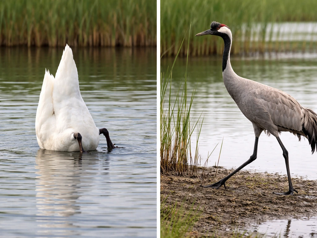 Swan tail-up upending in shallow water and a crane stepping at the wetland edge, side-by-side comparison.