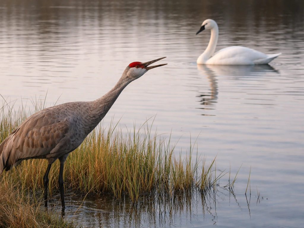 Sandhill Crane calling in wetland while a Trumpeter Swan floats quietly on calm water.