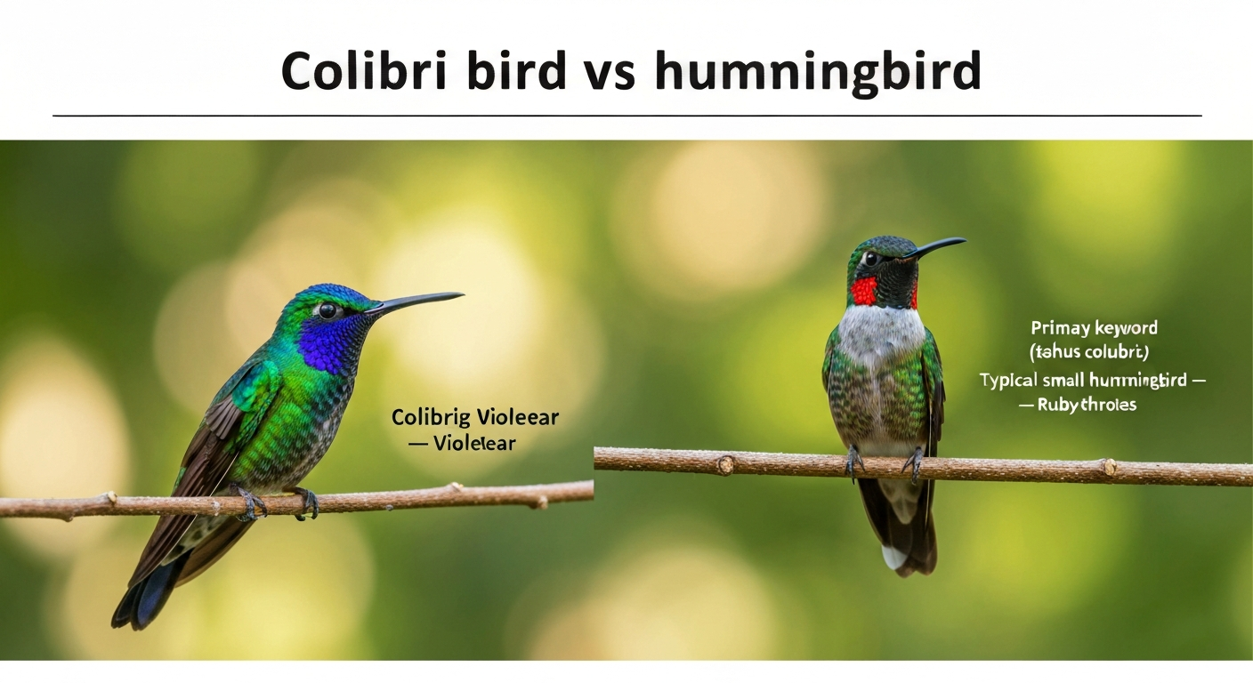 Side-by-side photo-style comparison: Sparkling Violetear (left) with blue-violet ear patch and Ruby-throated Hummingbird (right) with red gorget, set against a blurred tropical garden.