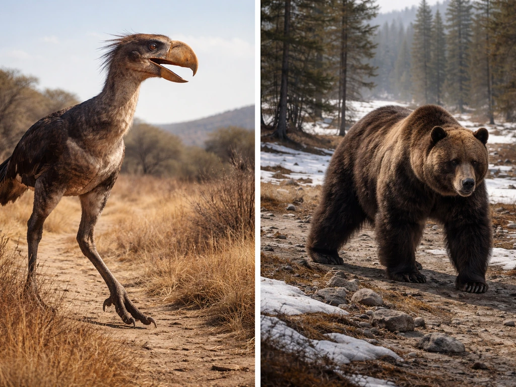 Side-by-side terror bird in open grassland and a short-faced bear in icy Pleistocene terrain.