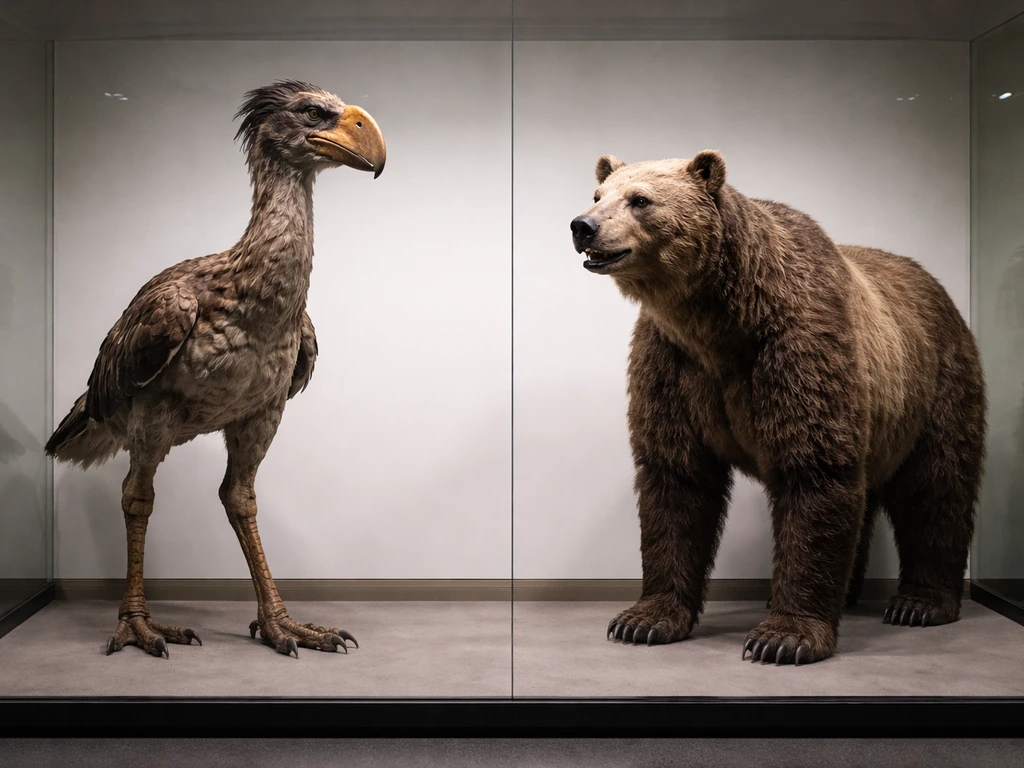 Side-by-side museum-style reconstructions of a terror bird and a short-faced bear in a quiet gallery
