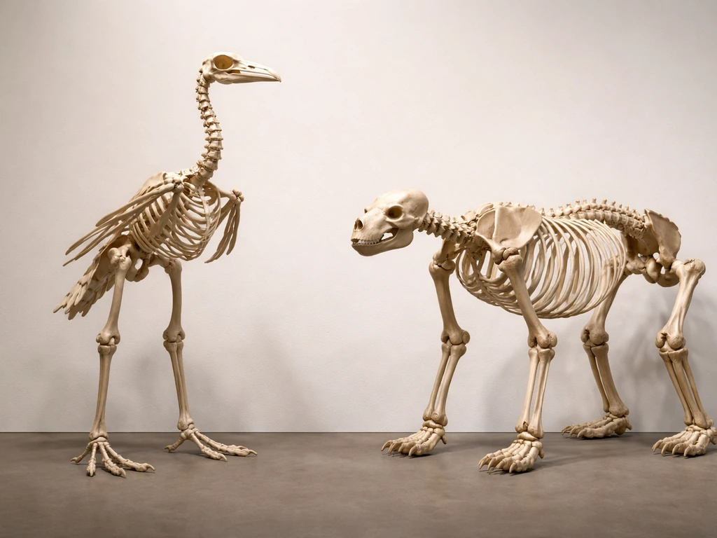 Side-by-side realistic skeleton models showing bird-like hollow-boned wings/legs vs a bear-like quadruped body plan.