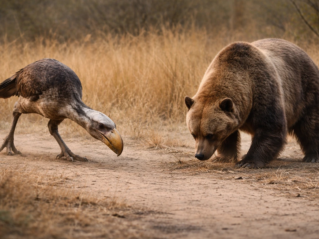 A stalking terror bird and a heavy short-faced bear shown in different hunting postures on bare ground.