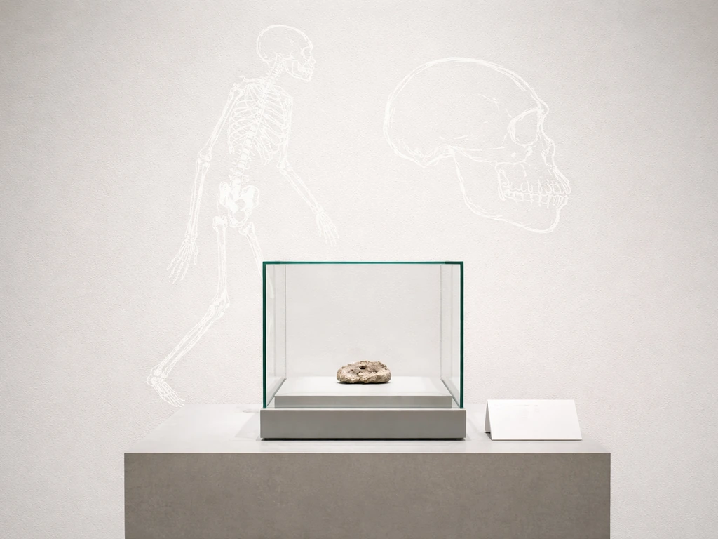 Minimal photo scene showing a museum specimen placard next to a simple bipedal bird skeleton silhouette