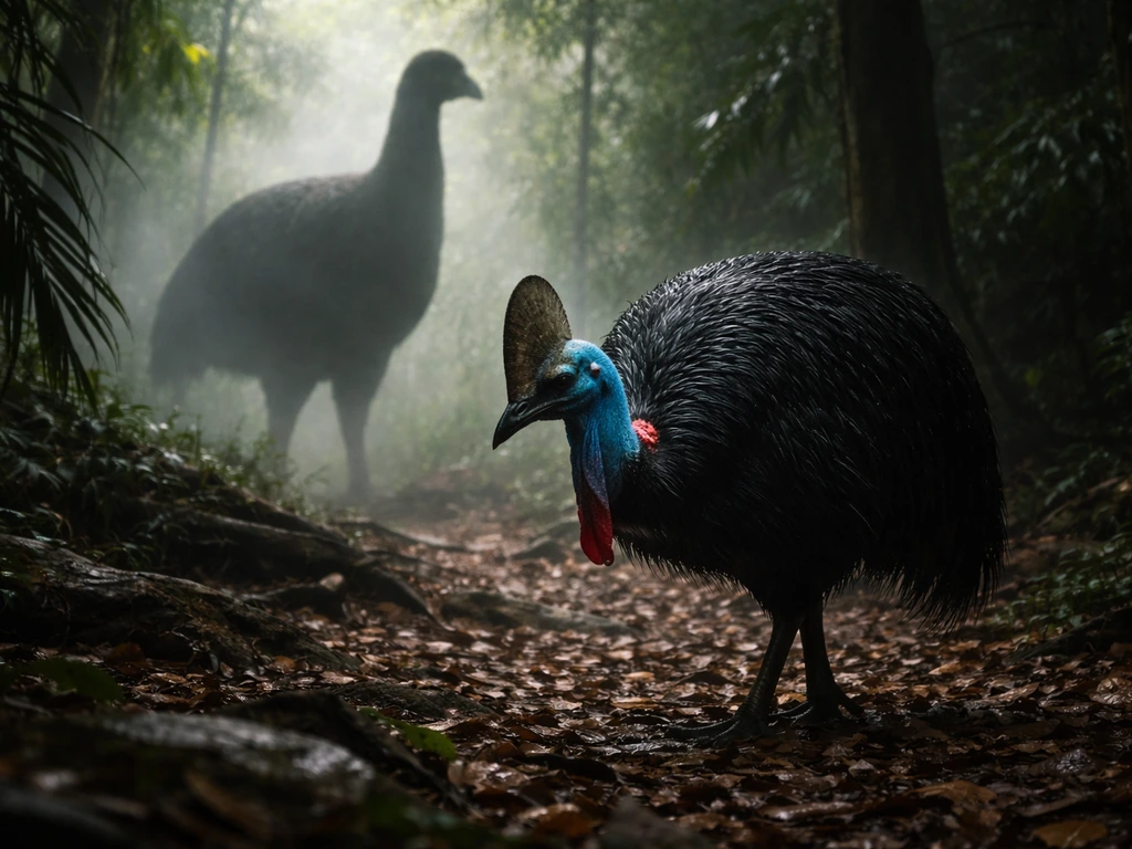 Elephant bird silhouette and a southern cassowary in a rainforest forest-floor scene, highlighting differences.