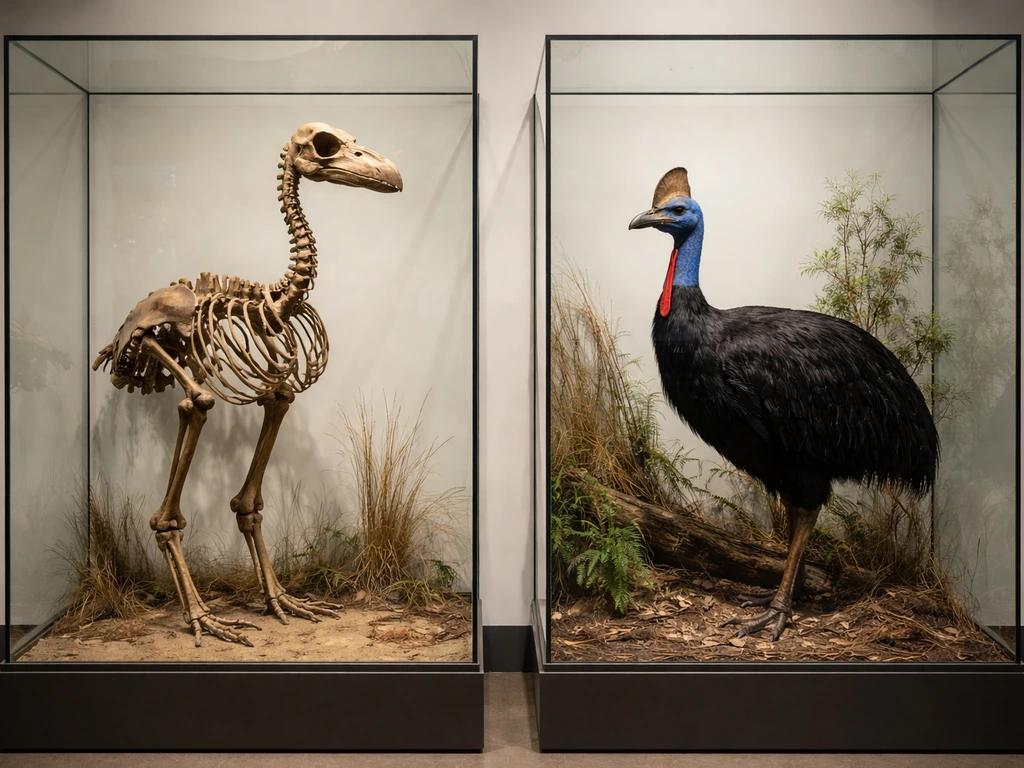 Side-by-side museum diorama of an elephant bird and a southern cassowary, showing extinct and living ratites.