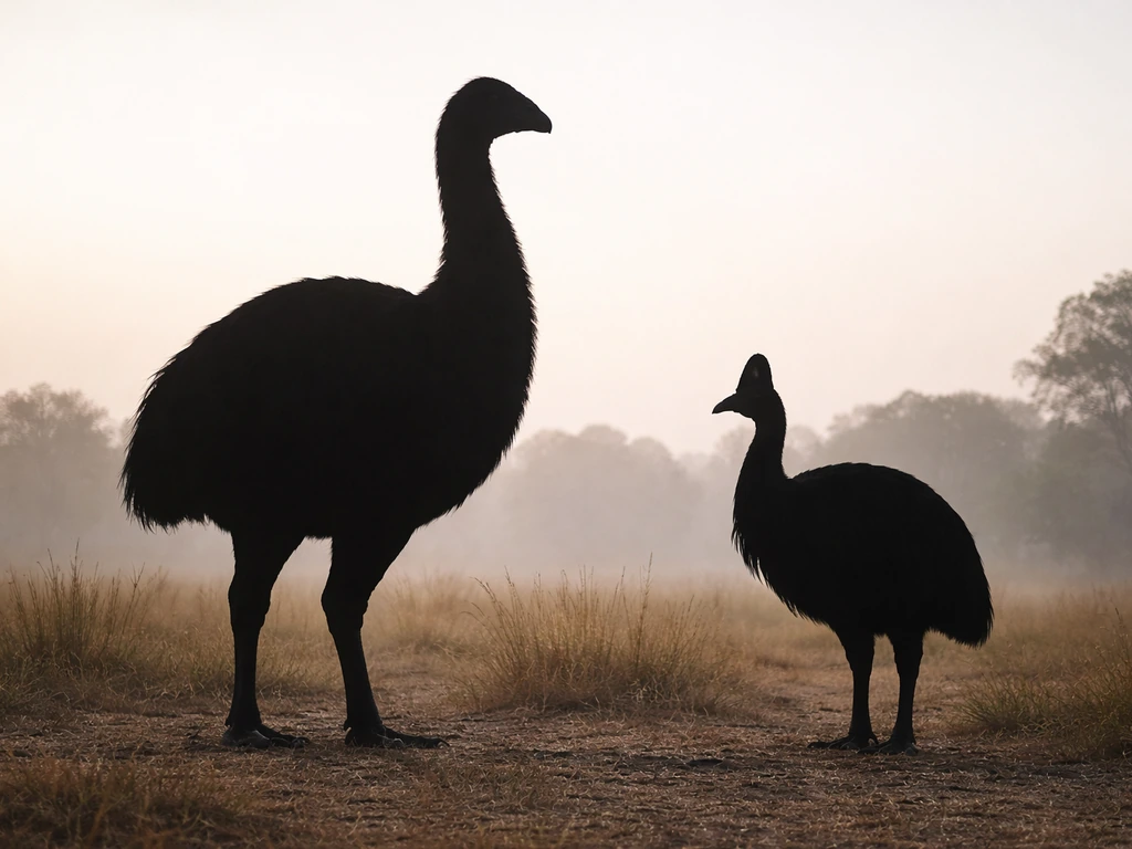 Side-by-side silhouettes showing a taller, heavier elephant bird next to a smaller southern cassowary.