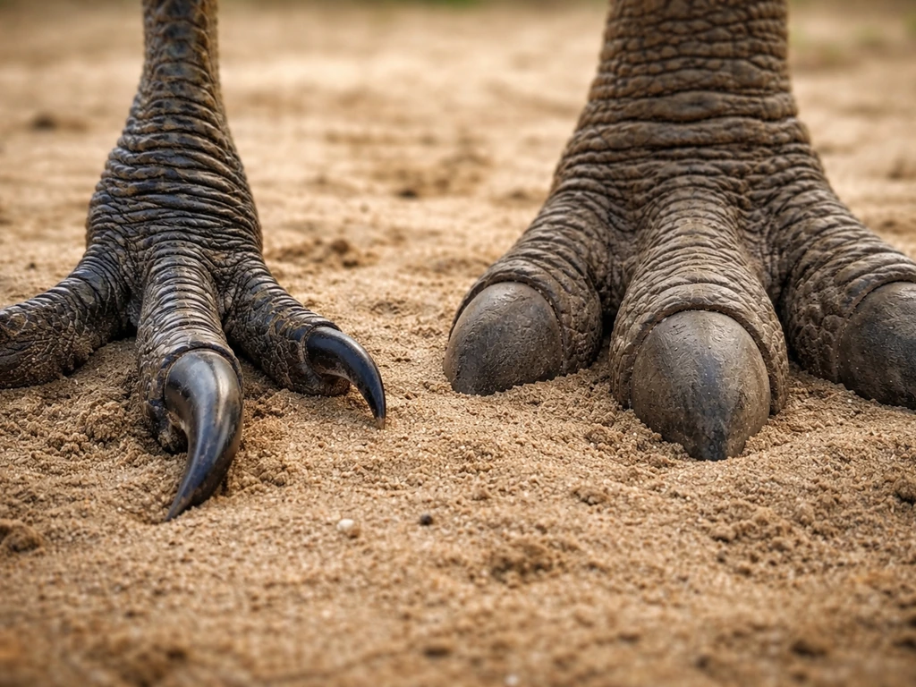 Close-up of cassowary inner toe claw beside a reconstructed elephant bird foot on sandy ground.
