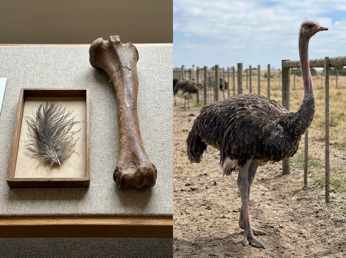 Moa bones and a live ostrich shown side-by-side for comparison