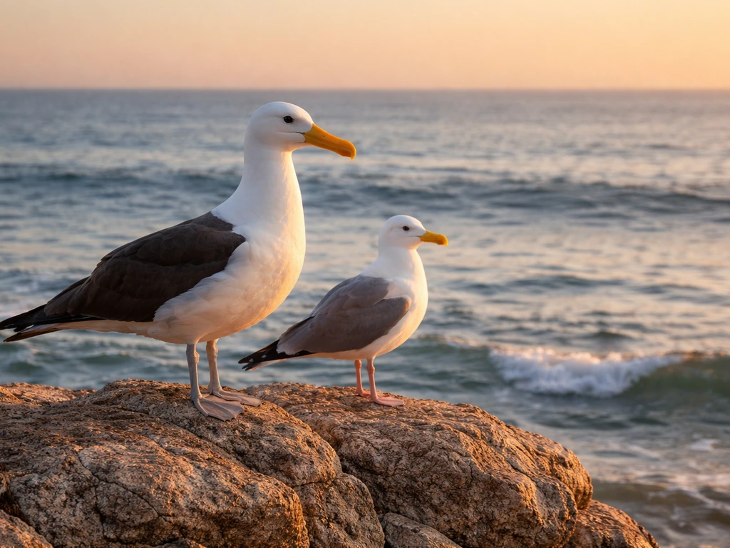 Albatross and seagull perched side-by-side on a rocky coast with ocean waves behind them.