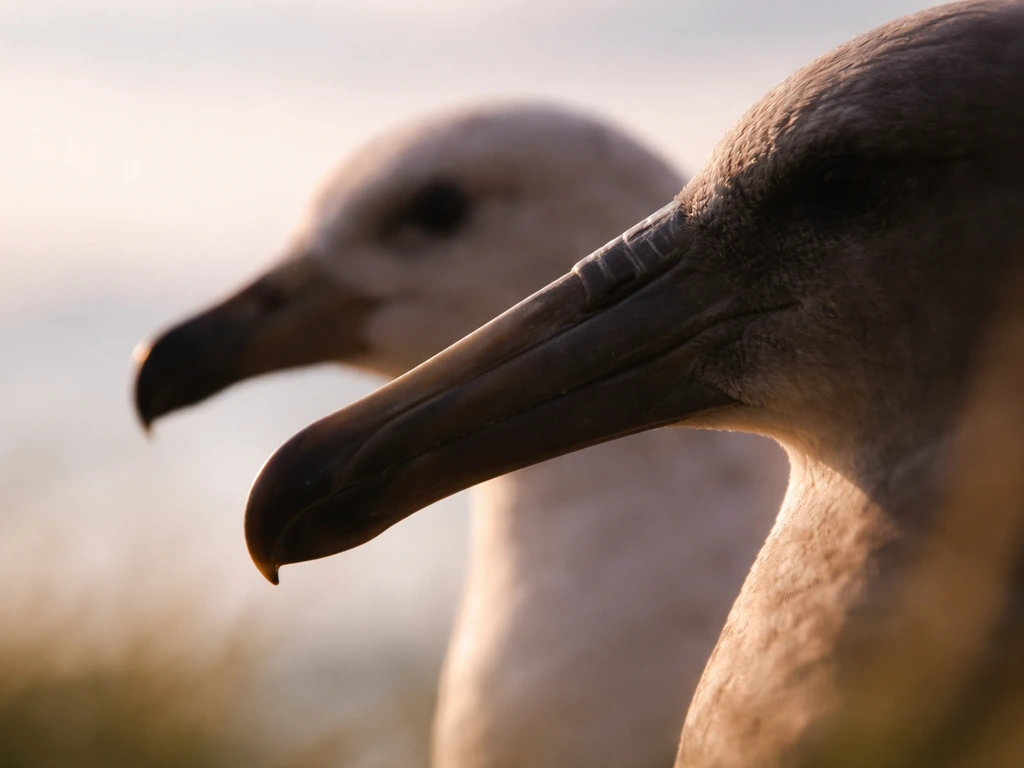 Close side view of an abstracted bird beak and head silhouette against a soft natural background.