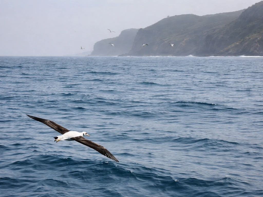 Albatross gliding over open ocean while gulls feed near a distant rocky coastline.